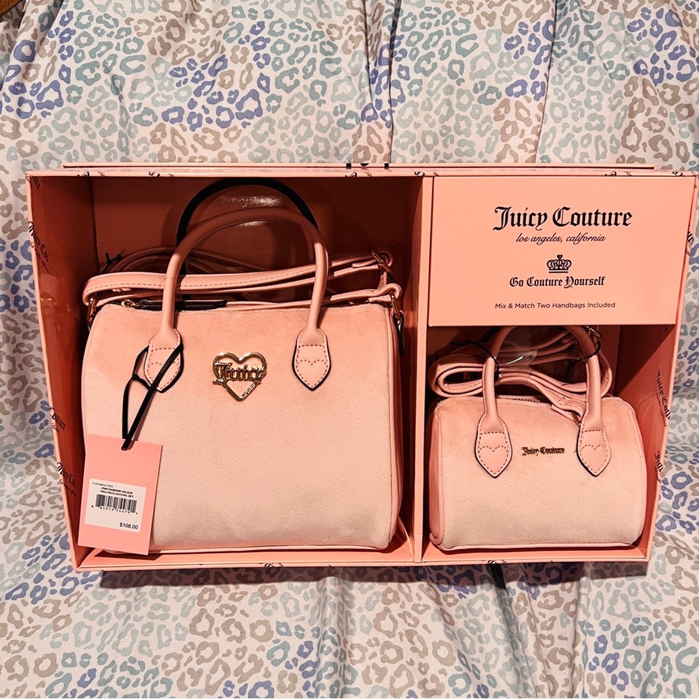 New Pink Juicy Couture Barrel Bag Gift Set of 2 Satchels Purse Velour MSRP $108 - Picture 1 of 8